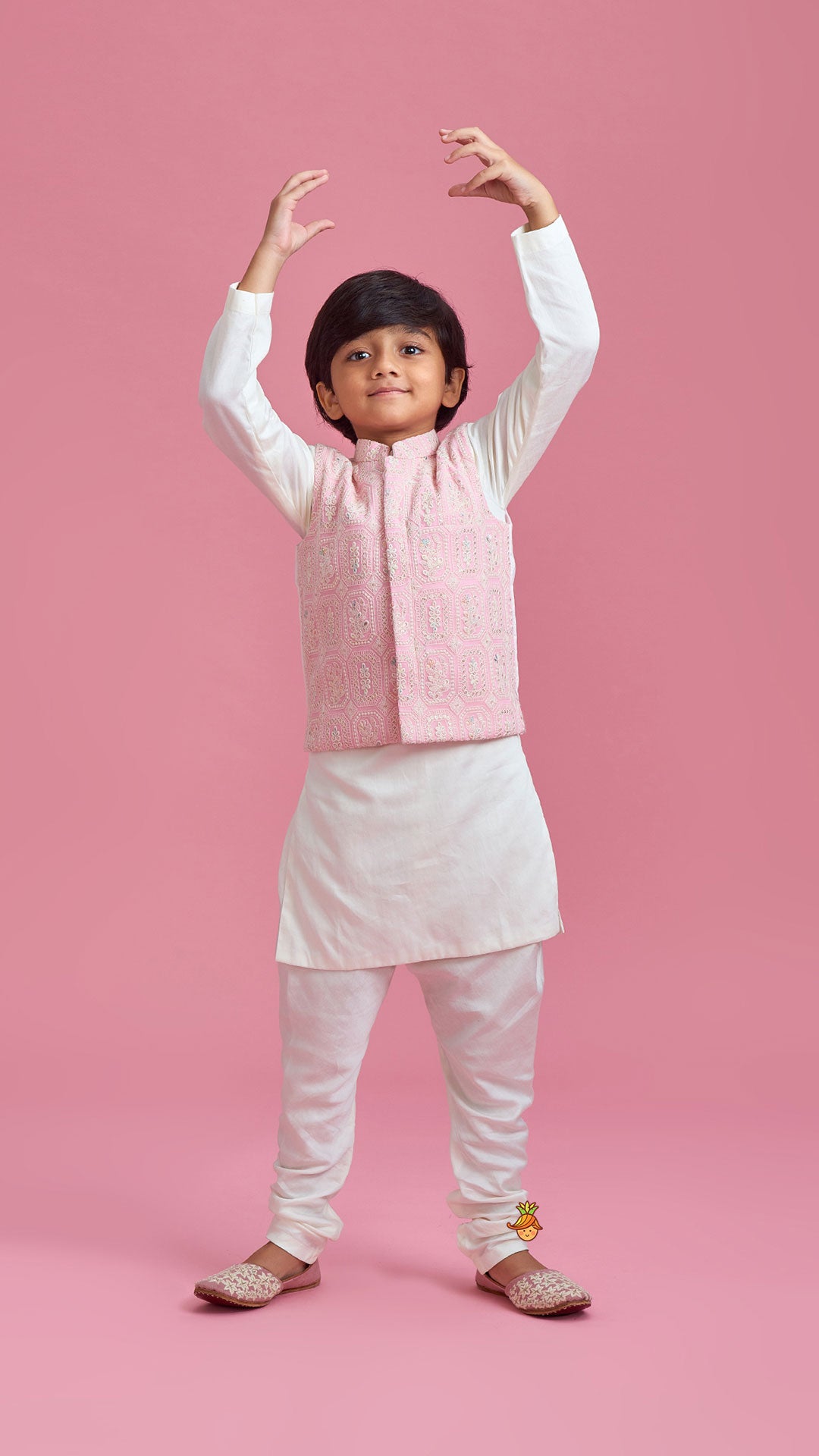 Off White Kurta And Churidar With Pink Chikankari Embroidered Jacket
