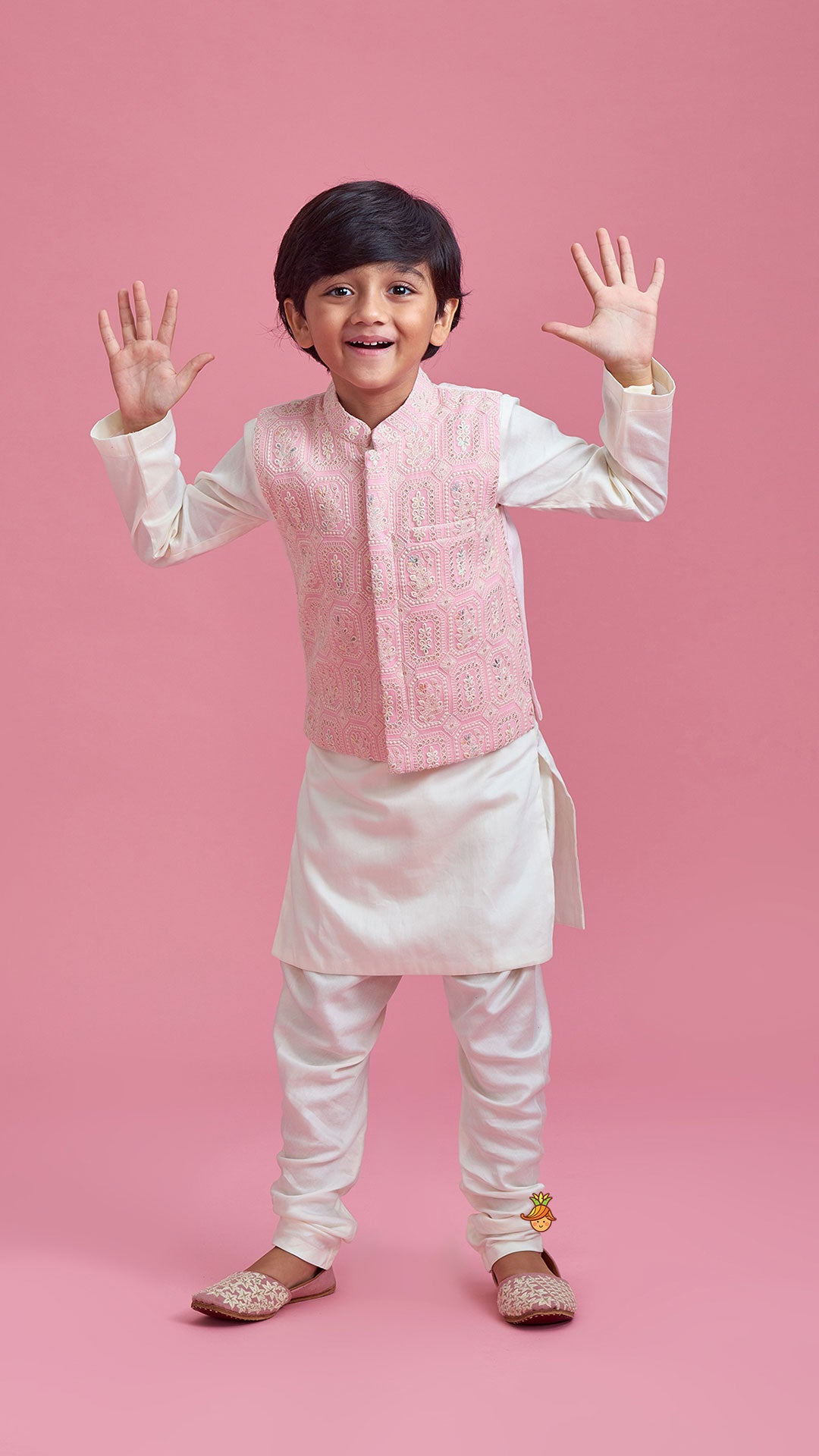 Off White Kurta And Churidar With Pink Chikankari Embroidered Jacket