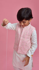 Pre Order: Off White Kurta And Churidar With Pink Chikankari Embroidered Jacket
