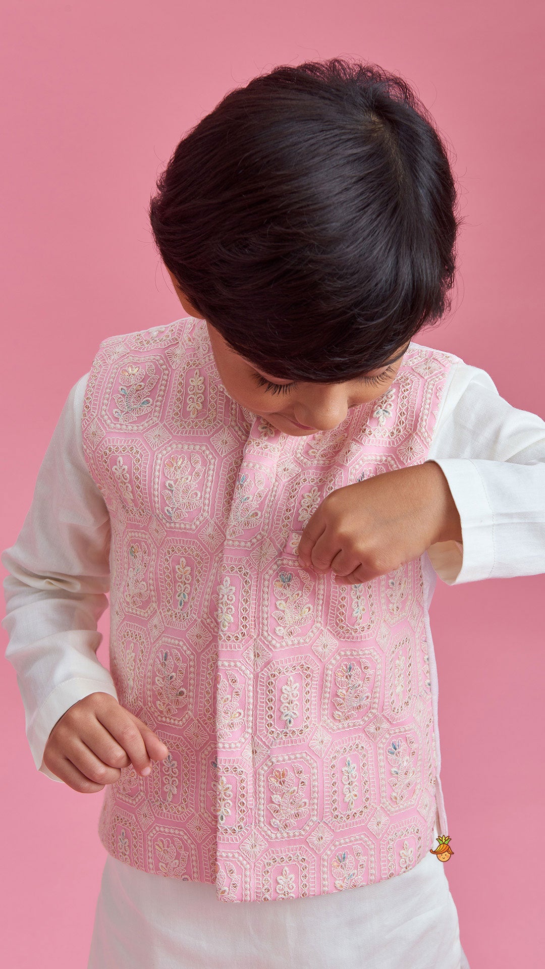 Off White Kurta And Churidar With Pink Chikankari Embroidered Jacket