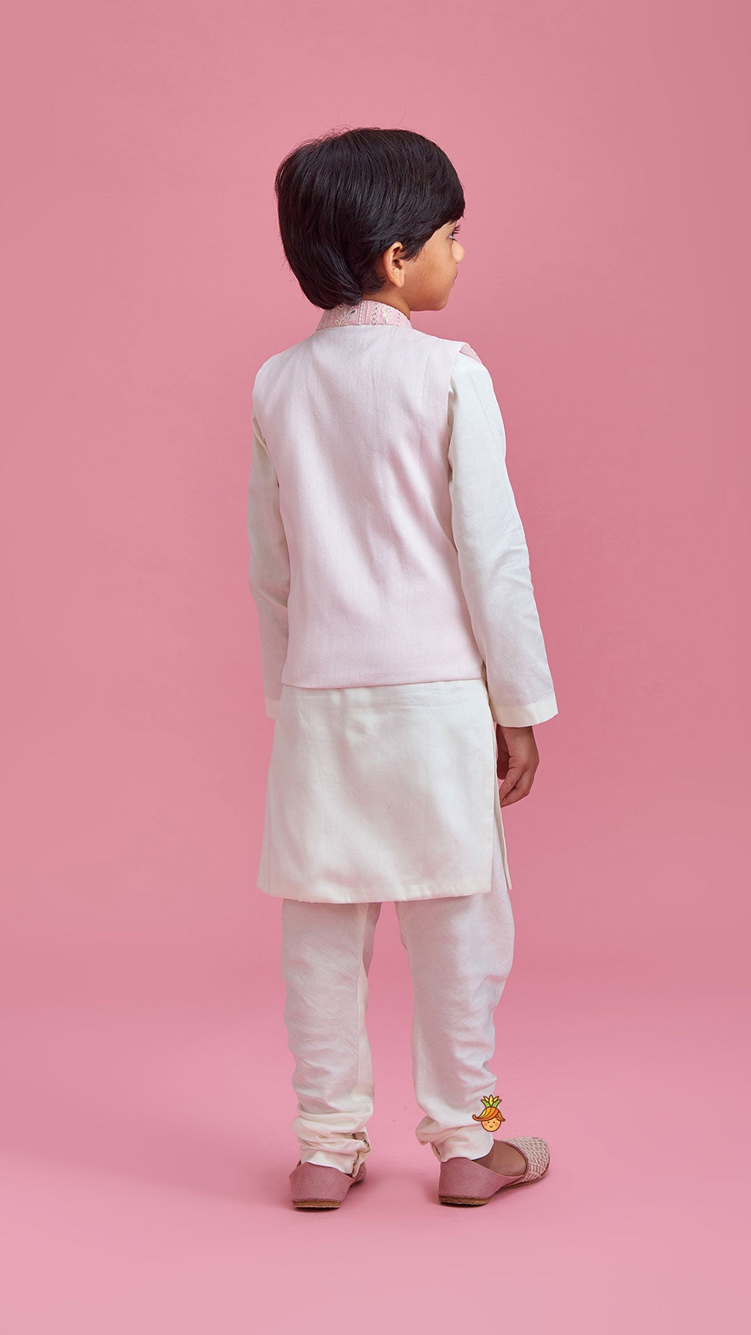 Off White Kurta And Churidar With Pink Chikankari Embroidered Jacket