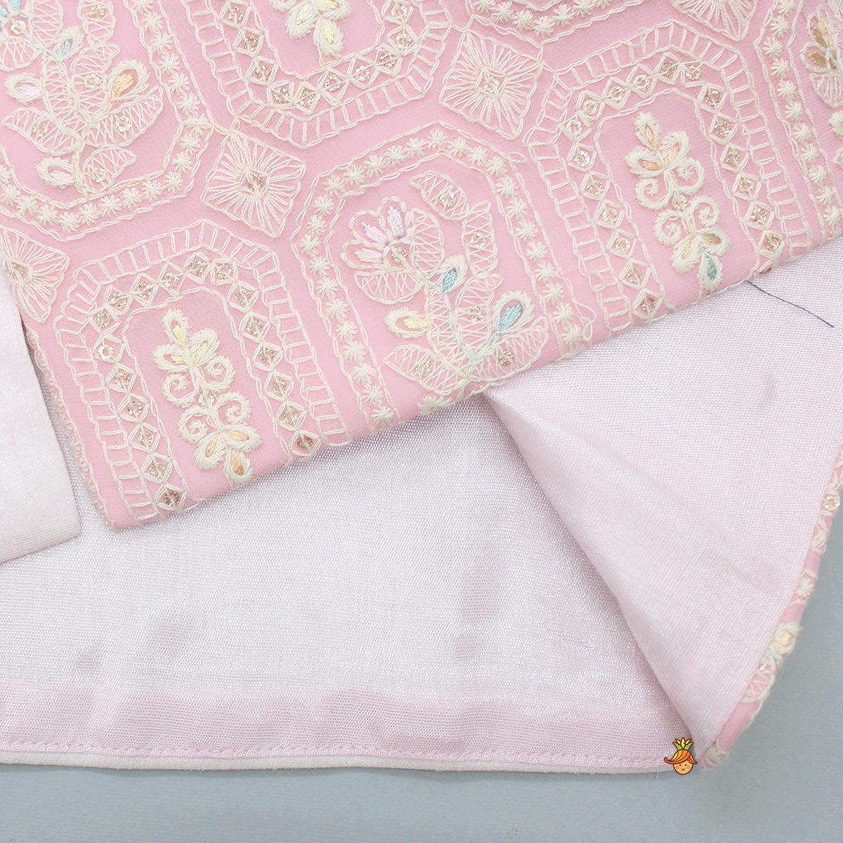Off White Kurta And Churidar With Pink Chikankari Embroidered Jacket