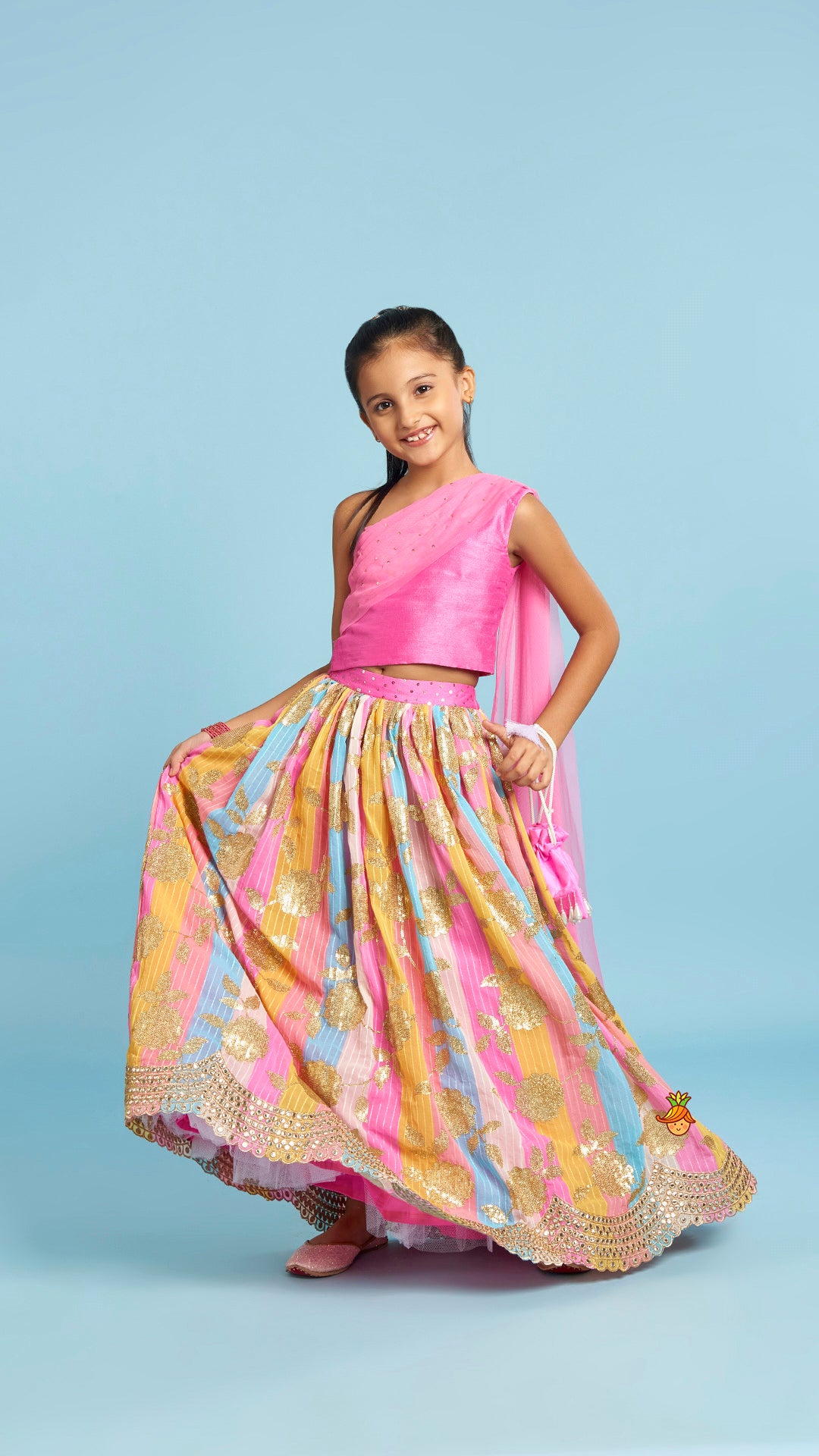 Pink One Shoulder Drape Style Top With Multicolour Sequins Embellished Lehenga