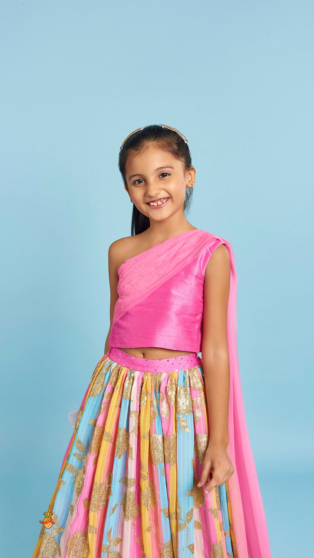 Pink One Shoulder Drape Style Top With Multicolour Sequins Embellished Lehenga