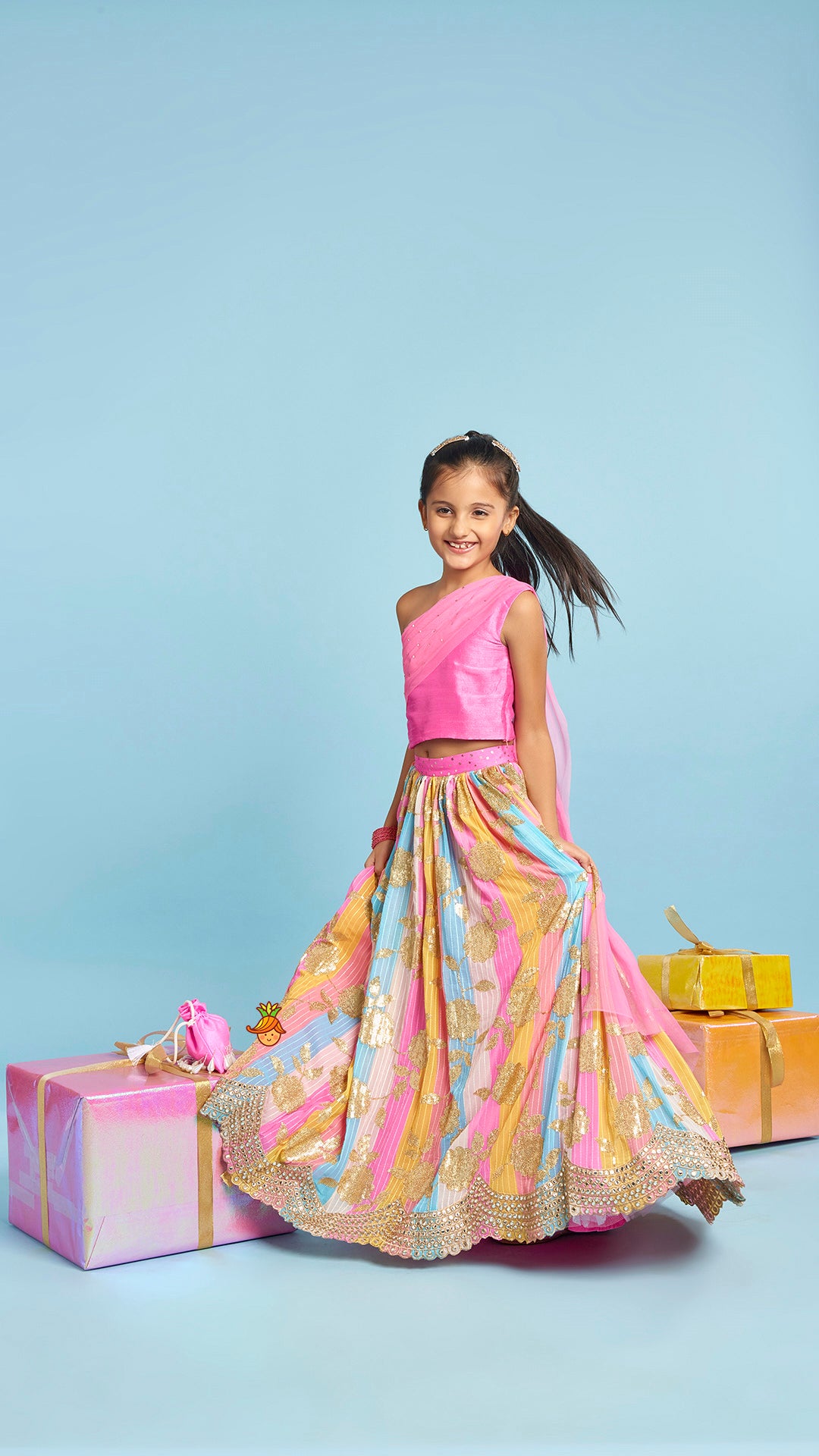 Pink One Shoulder Drape Style Top With Multicolour Sequins Embellished Lehenga
