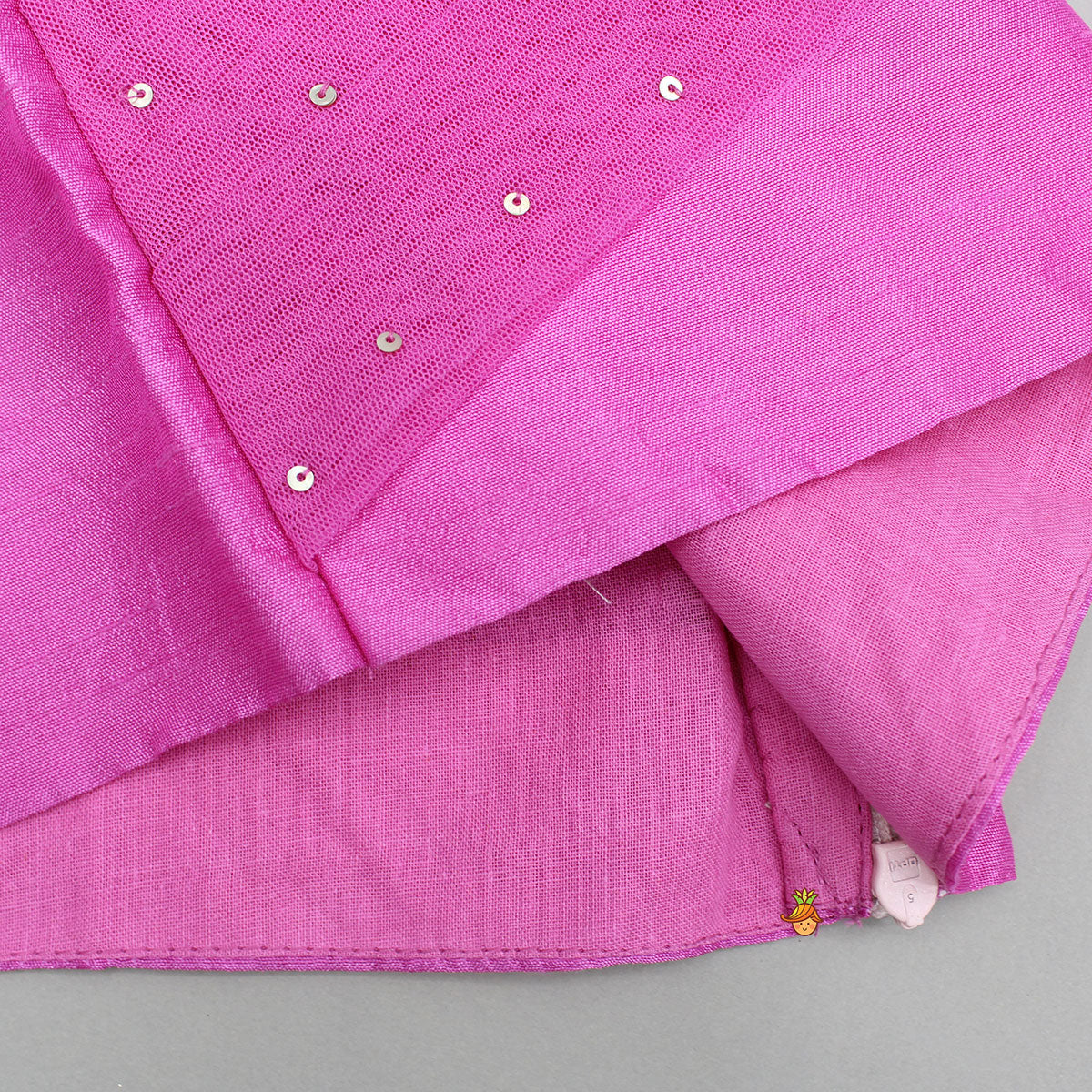 Pink One Shoulder Drape Style Top With Multicolour Sequins Embellished Lehenga
