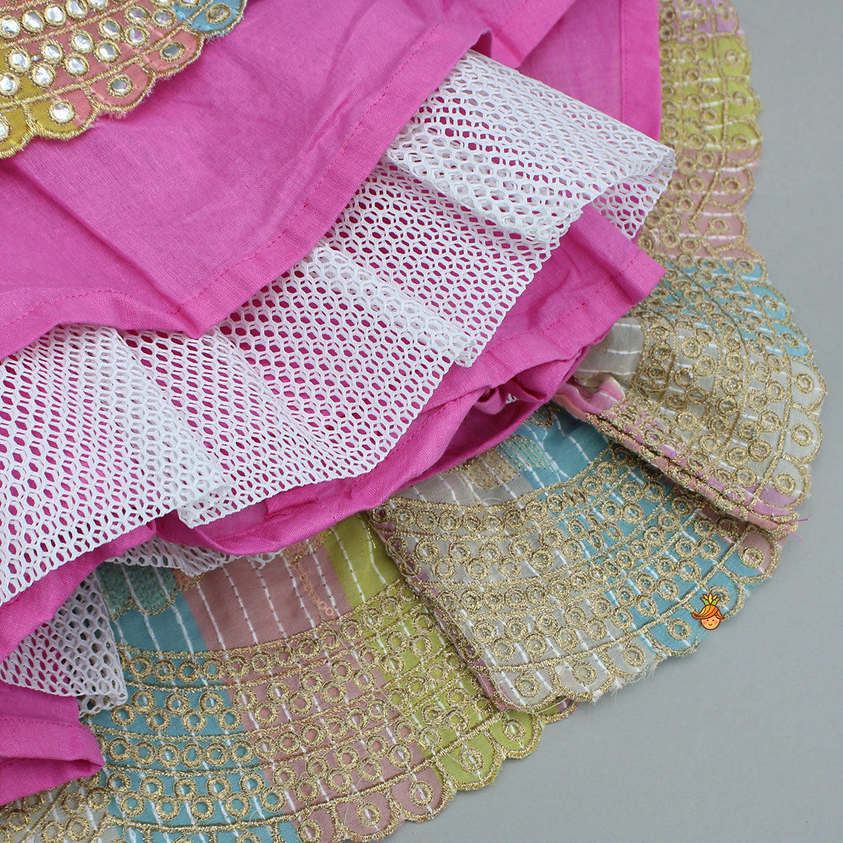 Pink One Shoulder Drape Style Top With Multicolour Sequins Embellished Lehenga