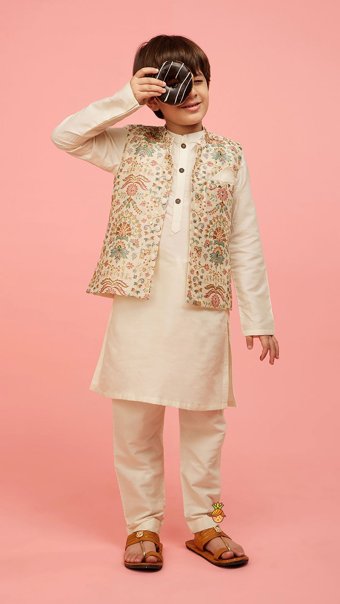 Floral Printed Golden Thread Work Jacket With Off White Kurta And Pyjama