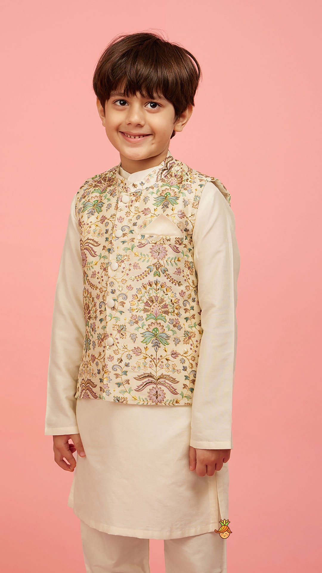 Floral Printed Golden Thread Work Jacket With Off White Kurta And Pyjama