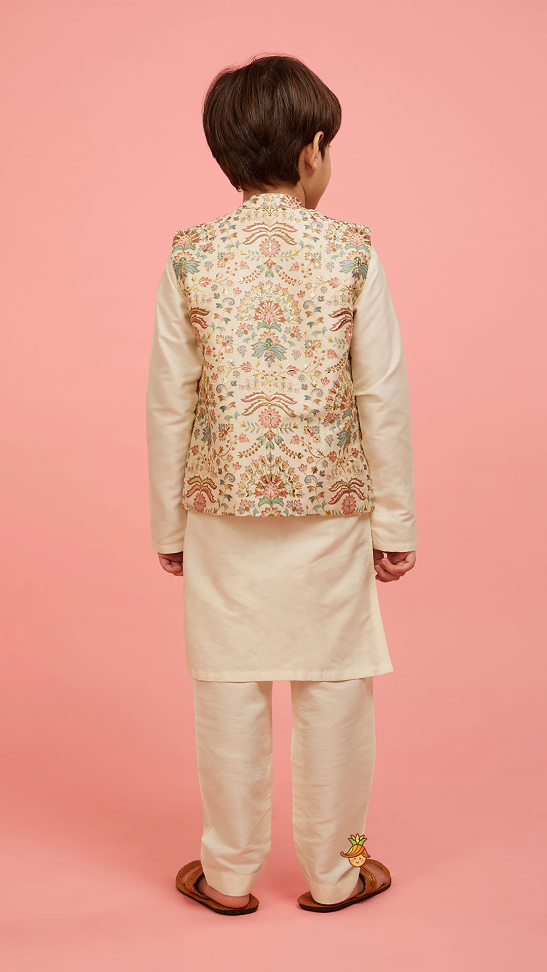 Floral Printed Golden Thread Work Jacket With Off White Kurta And Pyjama