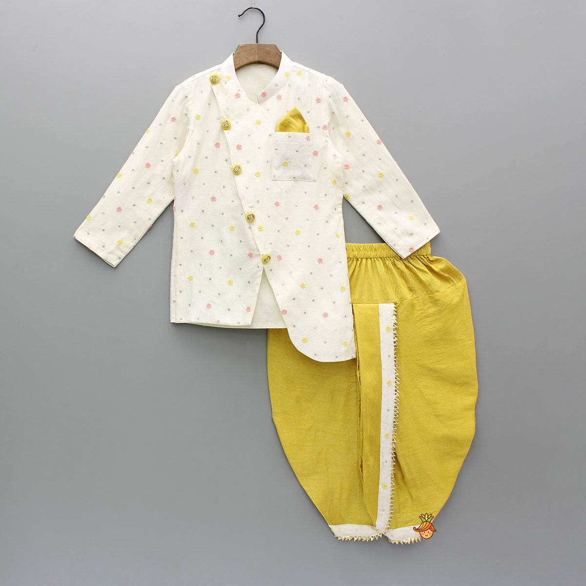 Flowers And Sequins Embellished Off White Kurta With Dhoti