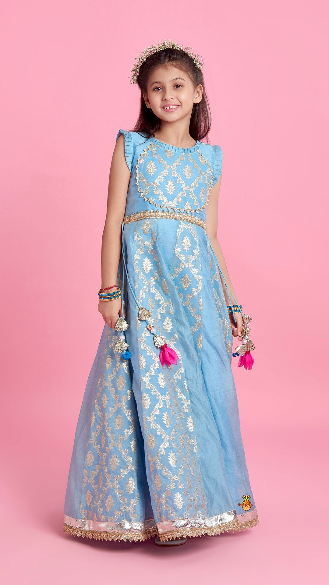 Zari Brocade Embroidered Lace Work Dress With Attached Drape Dupatta