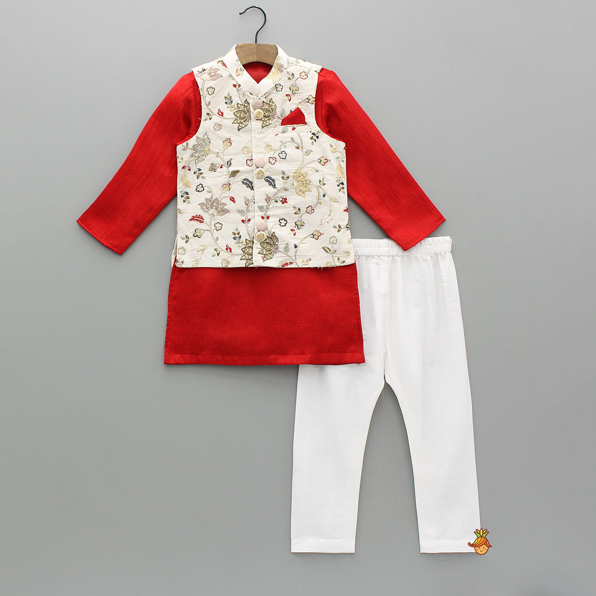 Red Kurta With Off White Floral And Sequins Embroidered Jacket And Pyjama