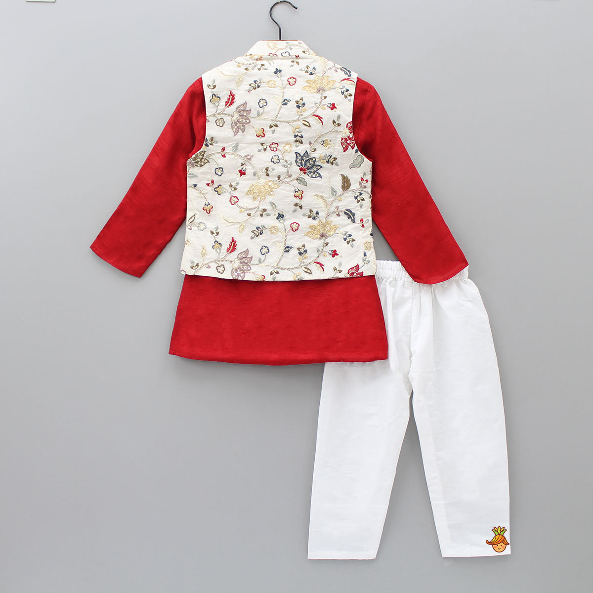 Red Kurta With Off White Floral And Sequins Embroidered Jacket And Pyjama