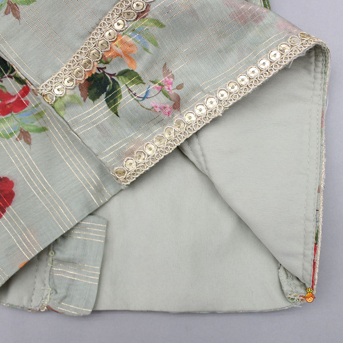 Zari Sequined Floral Printed Sage Green Top And Lurex Striped Patiala With Sparkling Dupatta