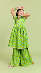 Pre Order: Green Leheriya Printed Kurti And Sharara