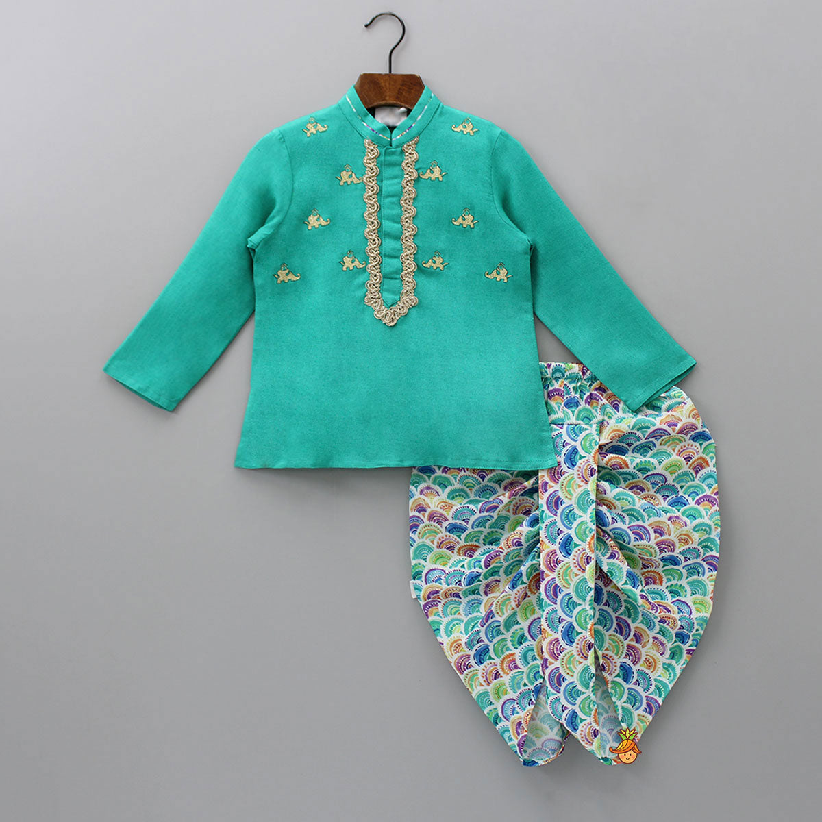 Zari Thread Embroidered Kurta With Colourful Dhoti And Mukut