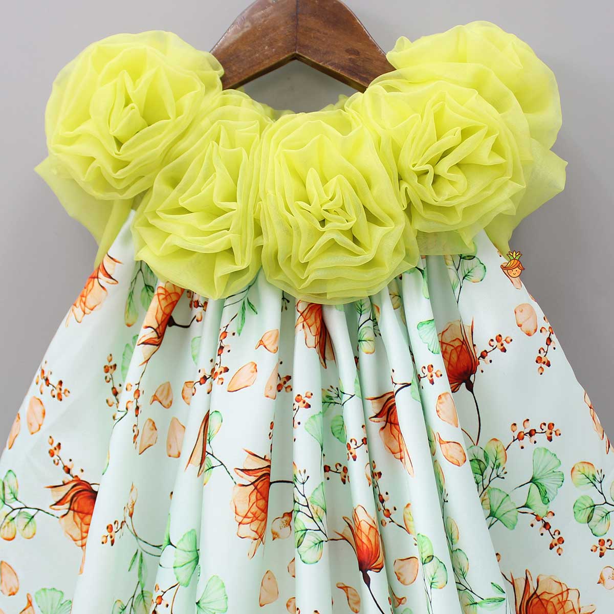 Lime Green Floral Printed Rose Flowers Adorned Dress