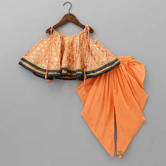 Foil Printed And Fringes Lace Detailed Top With Dhoti And Matching Sling Bag