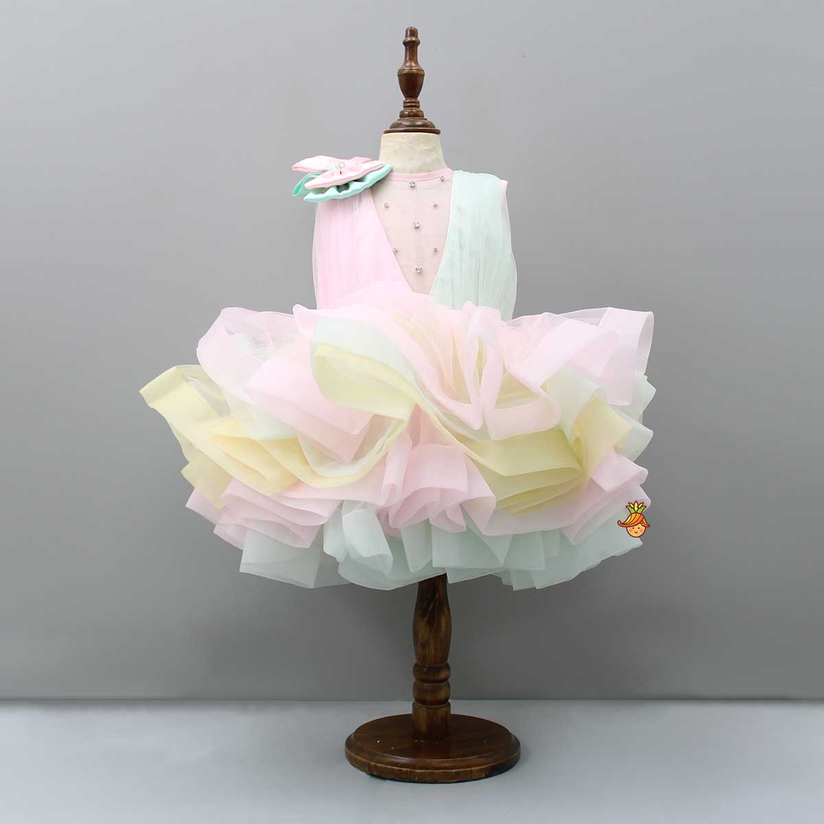 Rainbow Shaded Stone Embellished Dress With Detachable Trail