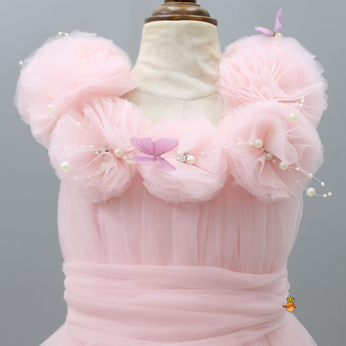 Pearls And Butterfly Embellished Ruffled Frilly High Low Dress