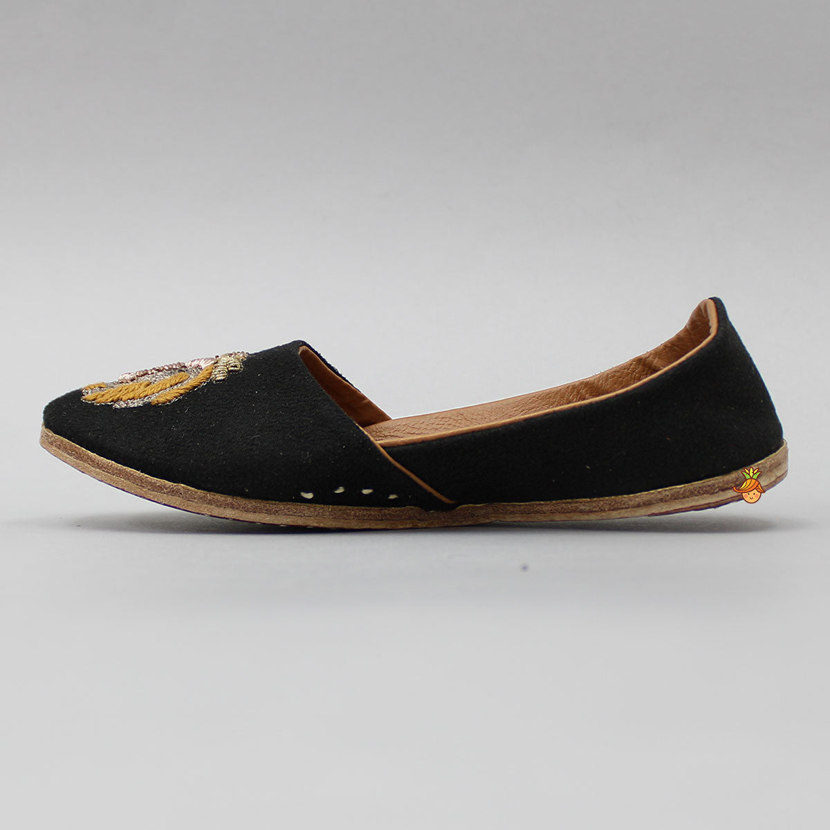 Zari And Thread Embroidered Lion Face Black Jutti