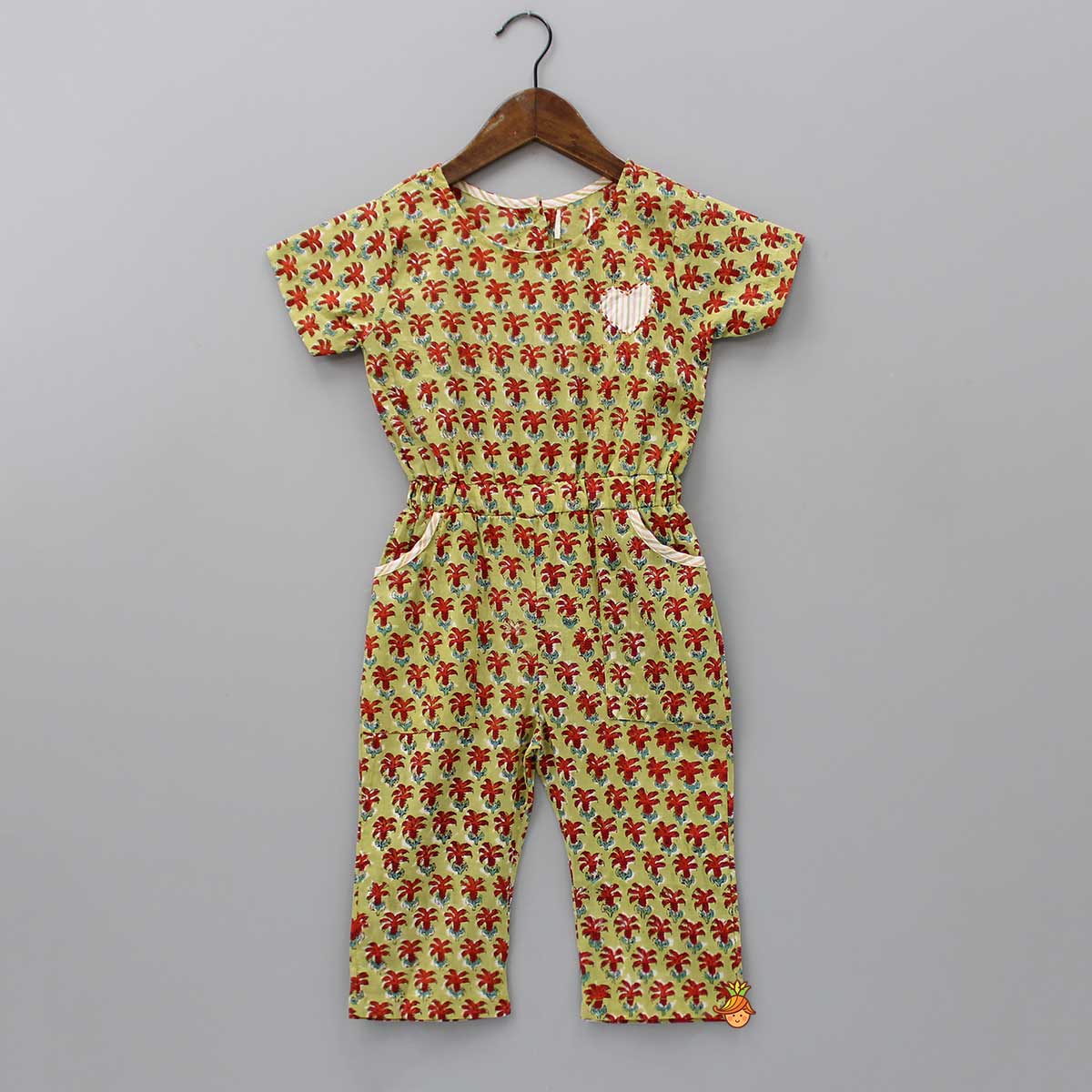 Hand Block Printed And Heart Patch Detailed Jumpsuit