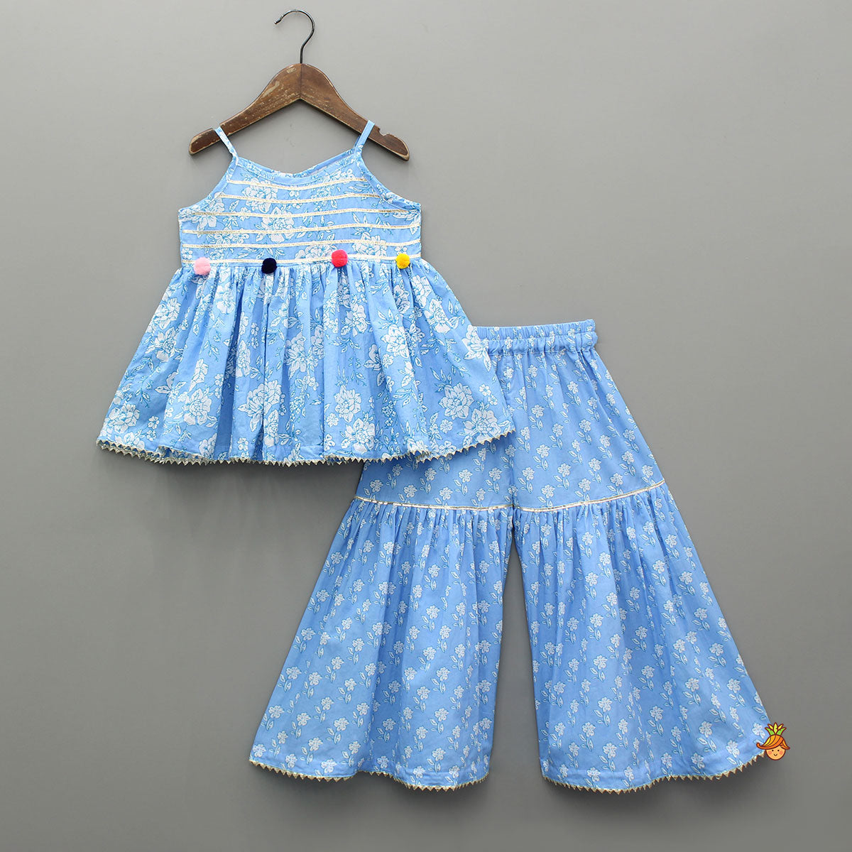 Gota Lace Detailed Floral Printed Powder Blue Top And Sharara