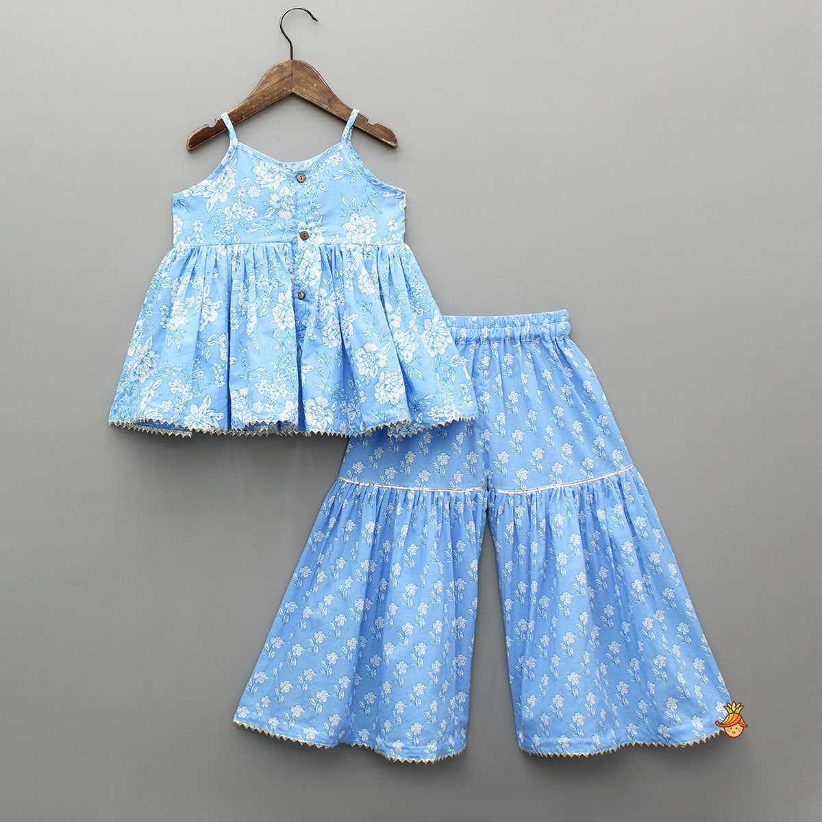 Gota Lace Detailed Floral Printed Powder Blue Top And Sharara