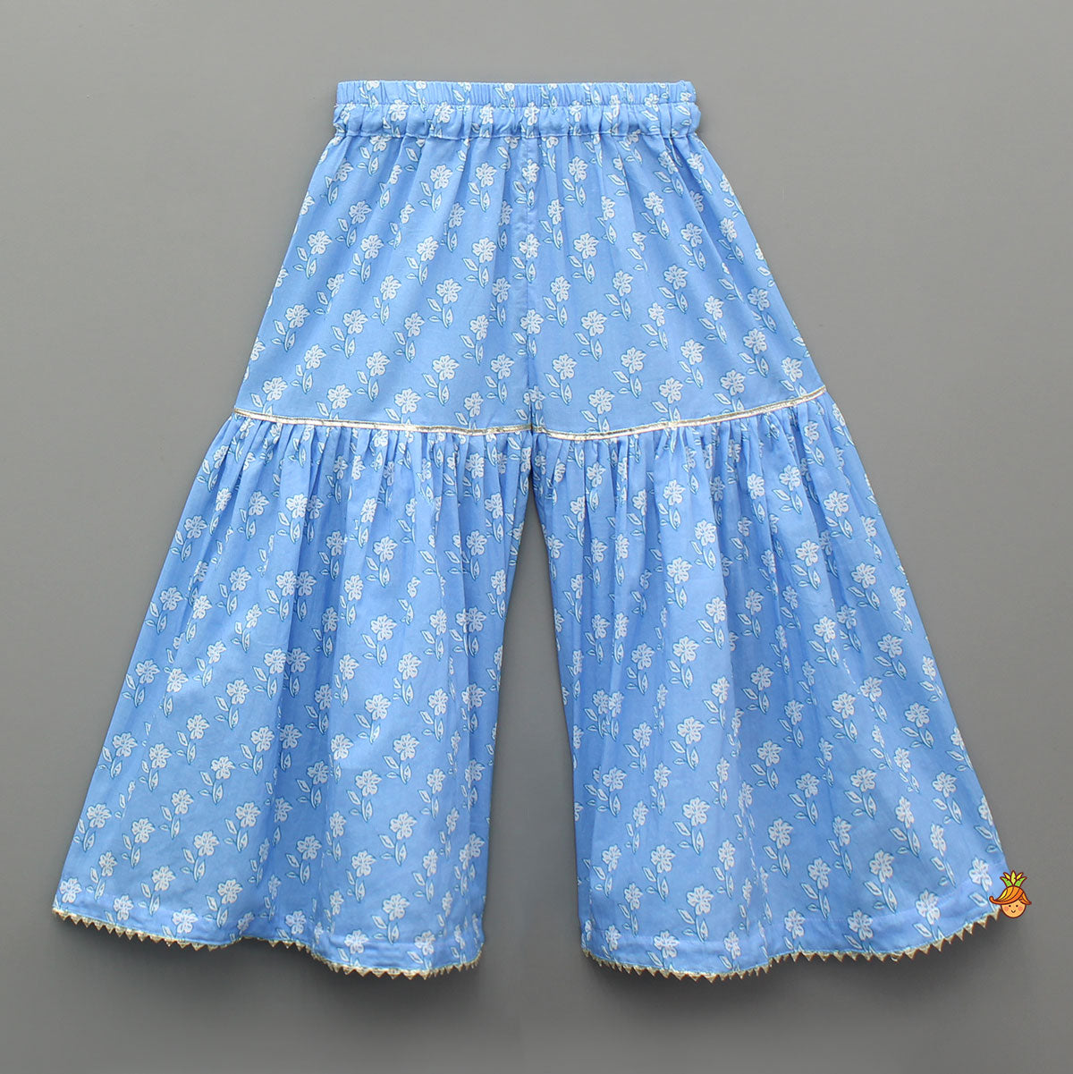 Gota Lace Detailed Floral Printed Powder Blue Top And Sharara