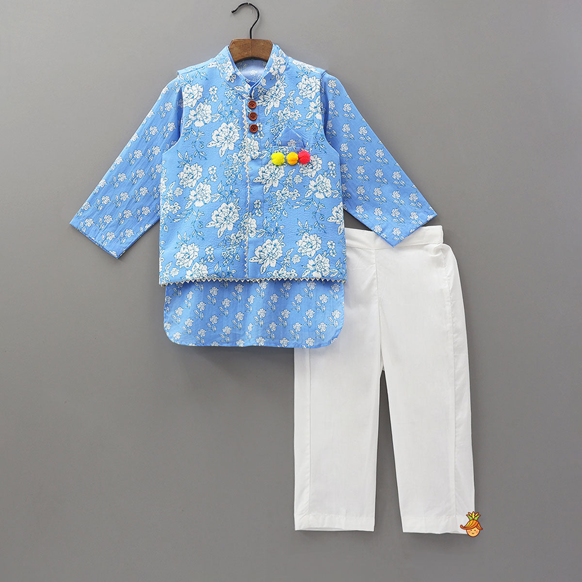 Gota Lace Detailed Powder Blue Ethnic Kurta With Floral Printed Jacket And Pyjama