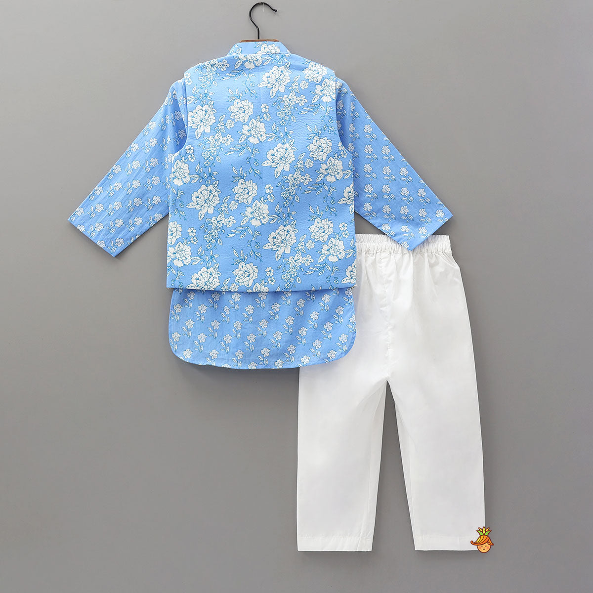 Gota Lace Detailed Powder Blue Ethnic Kurta With Floral Printed Jacket And Pyjama