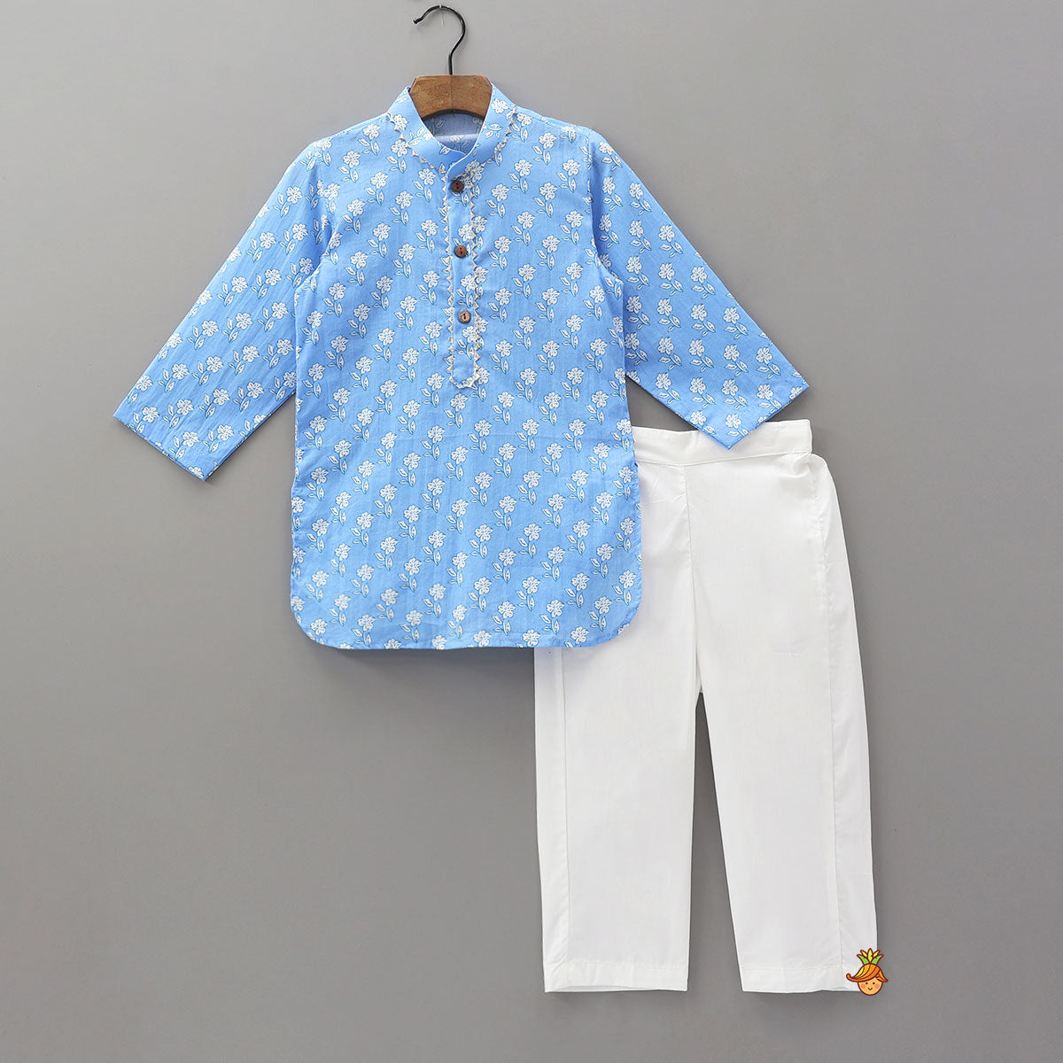 Gota Lace Detailed Powder Blue Ethnic Kurta With Floral Printed Jacket And Pyjama