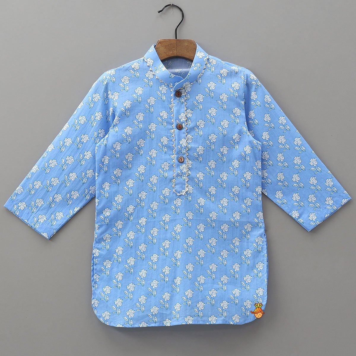 Gota Lace Detailed Powder Blue Ethnic Kurta With Floral Printed Jacket And Pyjama