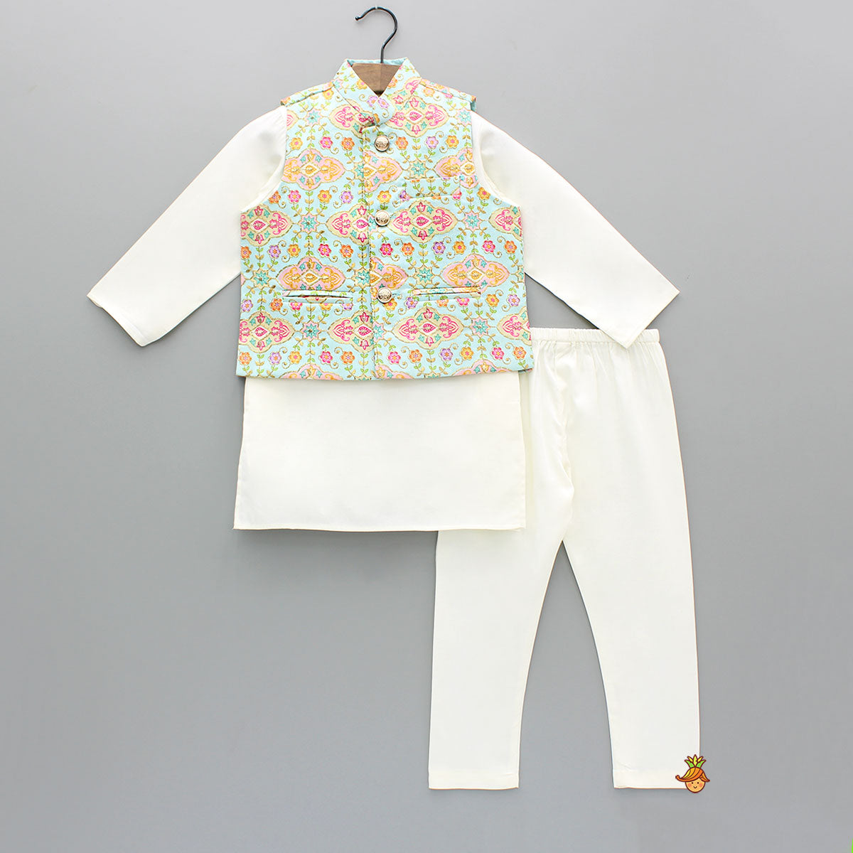 Zari Thread Embroidered And Floral Printed Ethnic Jacket With Off White Kurta And Pyjama