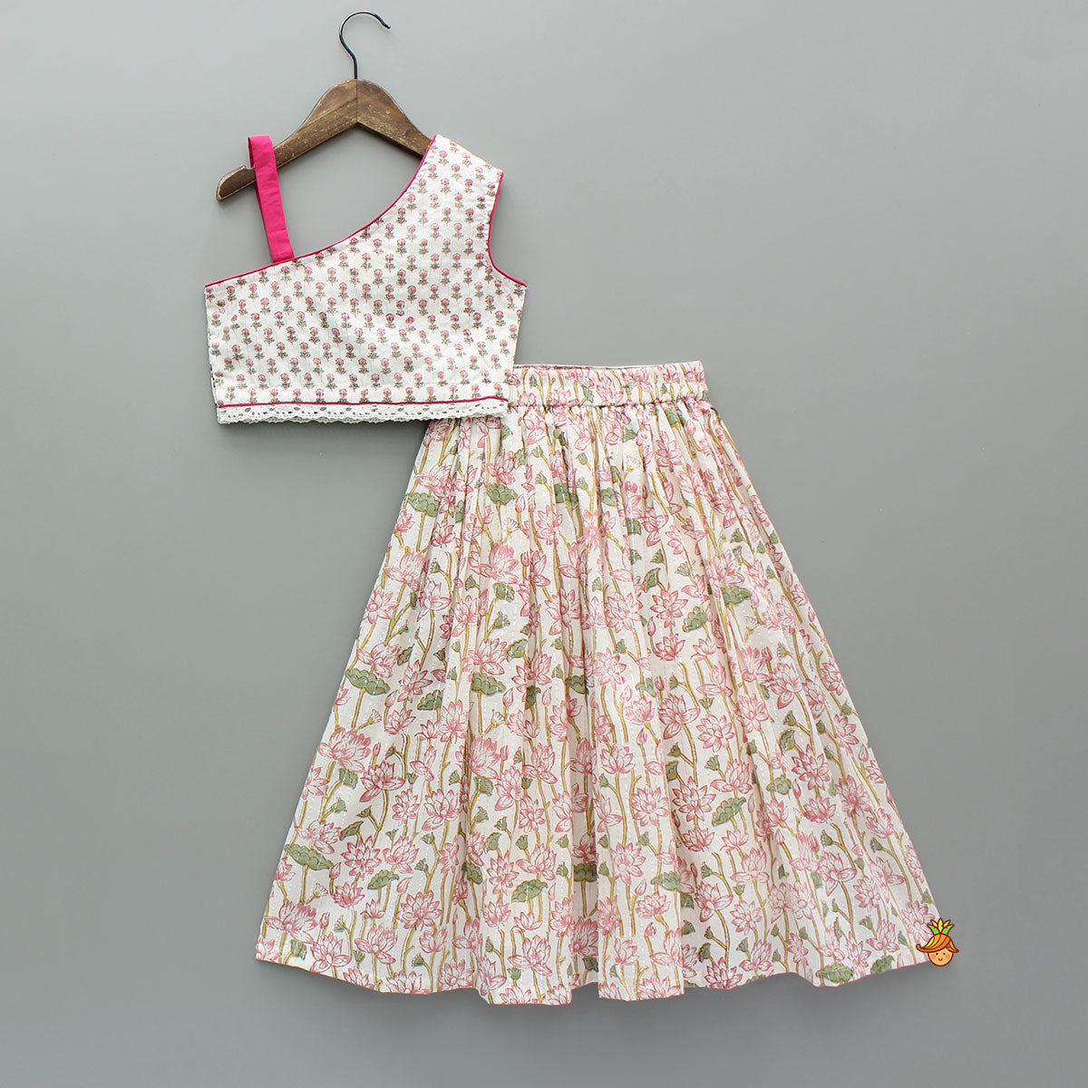 Lurex Striped Hand Block Floral Printed One Shoulder Top And Lehenga With Matching Dupatta