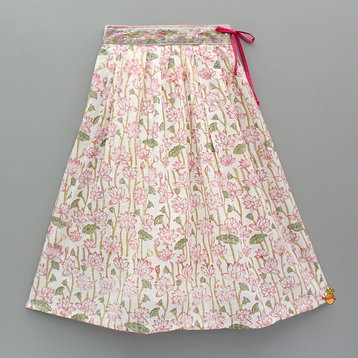 Lurex Striped Hand Block Floral Printed One Shoulder Top And Lehenga With Matching Dupatta