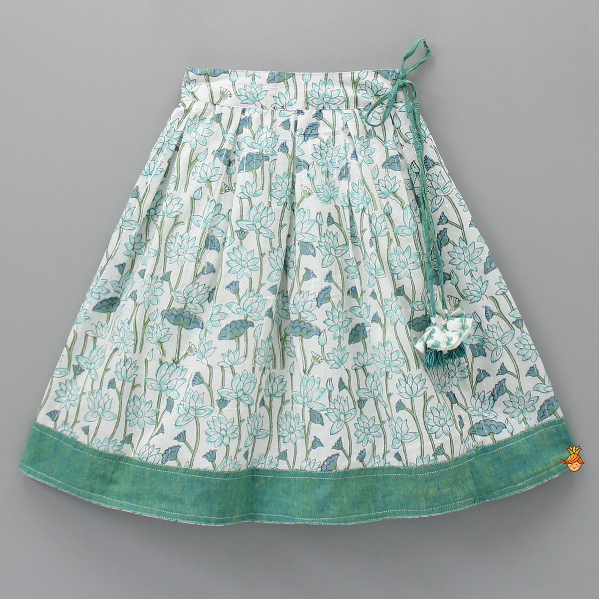 Lurex Striped Hand Block Floral Printed Turquoise Green Top With Lehenga