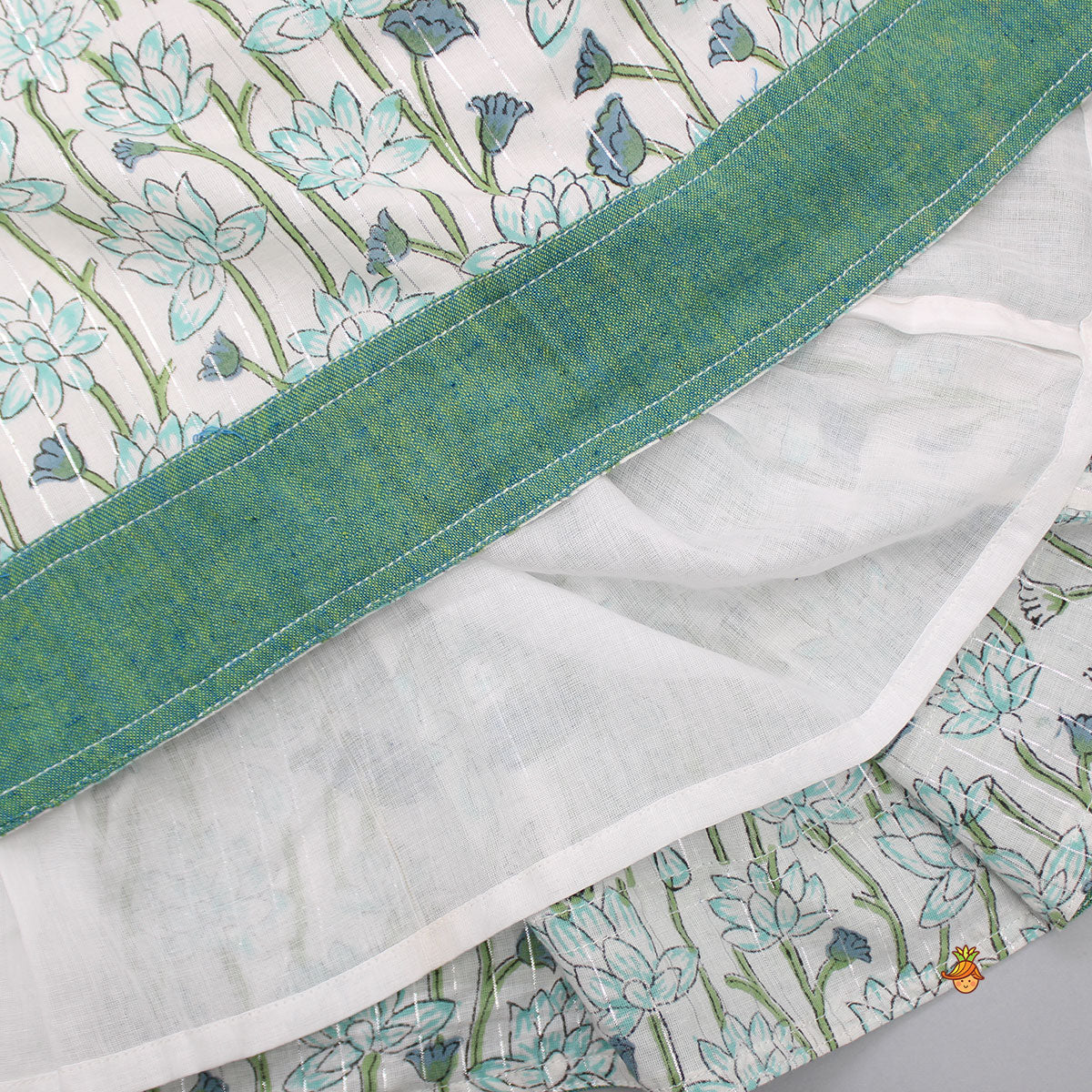 Lurex Striped Hand Block Floral Printed Turquoise Green Top With Lehenga