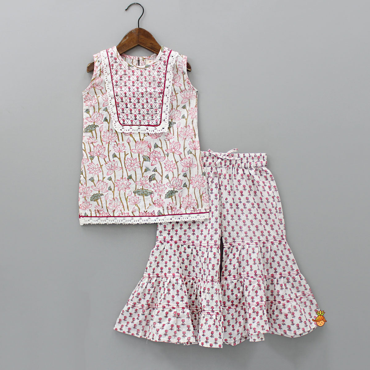 Lurex Striped Hand Block Floral Printed Kurti And Tiered Sharara With Dupatta