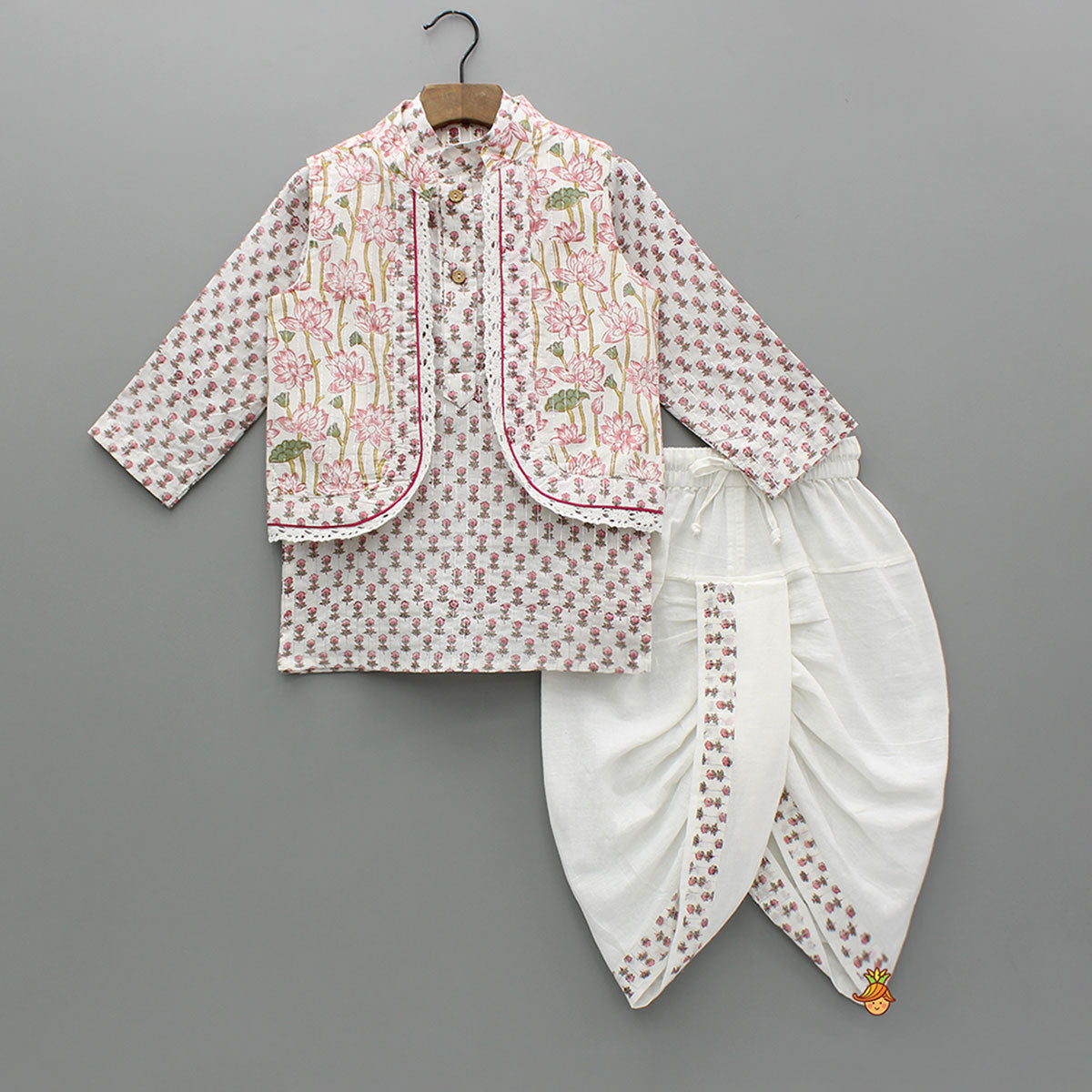 Lurex Striped Hand Block Printed Pink Ethnic Kurta With Open Jacket And Dhoti