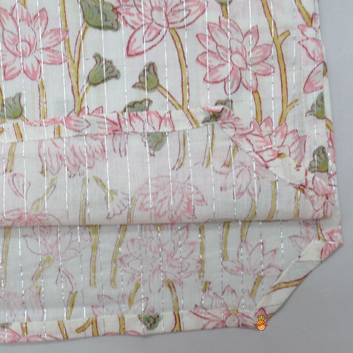 Lurex Striped Hand Block Floral Printed Stylish Pink Kurta And Dhoti