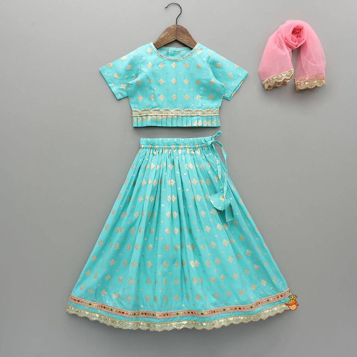 Chanderi Embroidered Teal Green Top And Lehenga With Contrasting Dupatta
