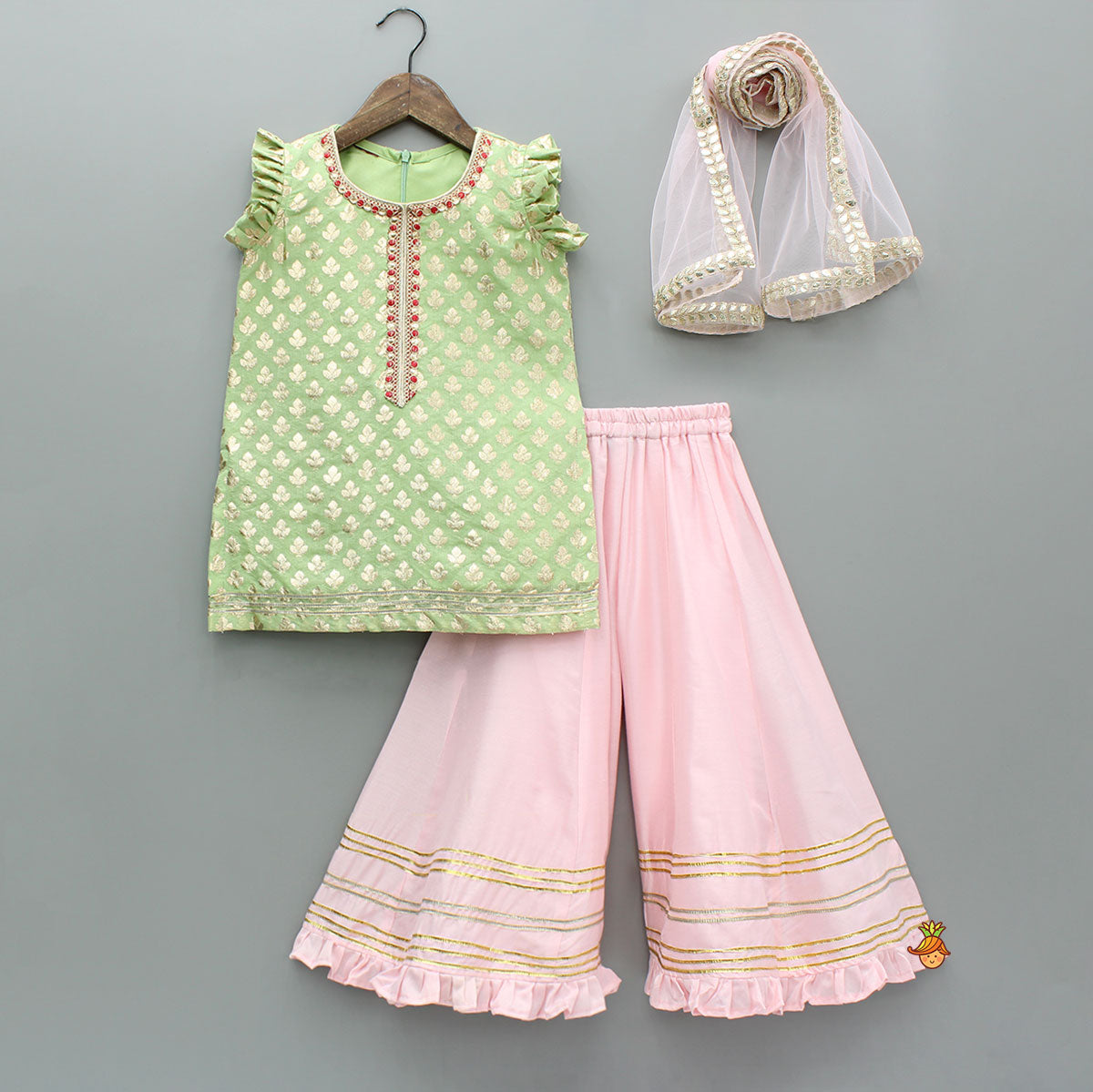 Chanderi Embroidered Kurti And Flared Palazzo With Light Pink Dupatta
