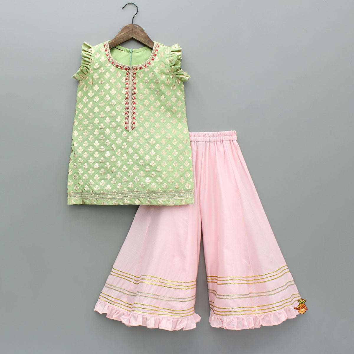 Chanderi Embroidered Kurti And Flared Palazzo With Light Pink Dupatta