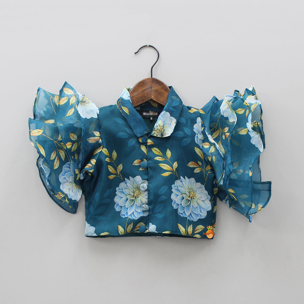Teal Blue Floral Printed Top and High Low Lehenga