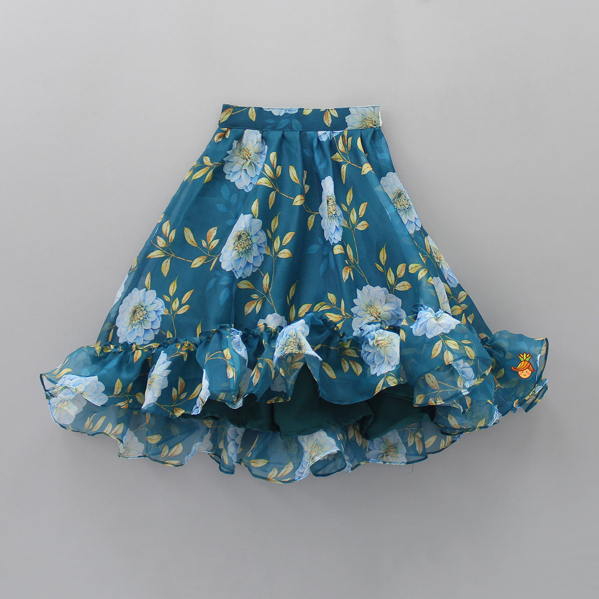 Teal Blue Floral Printed Top and High Low Lehenga