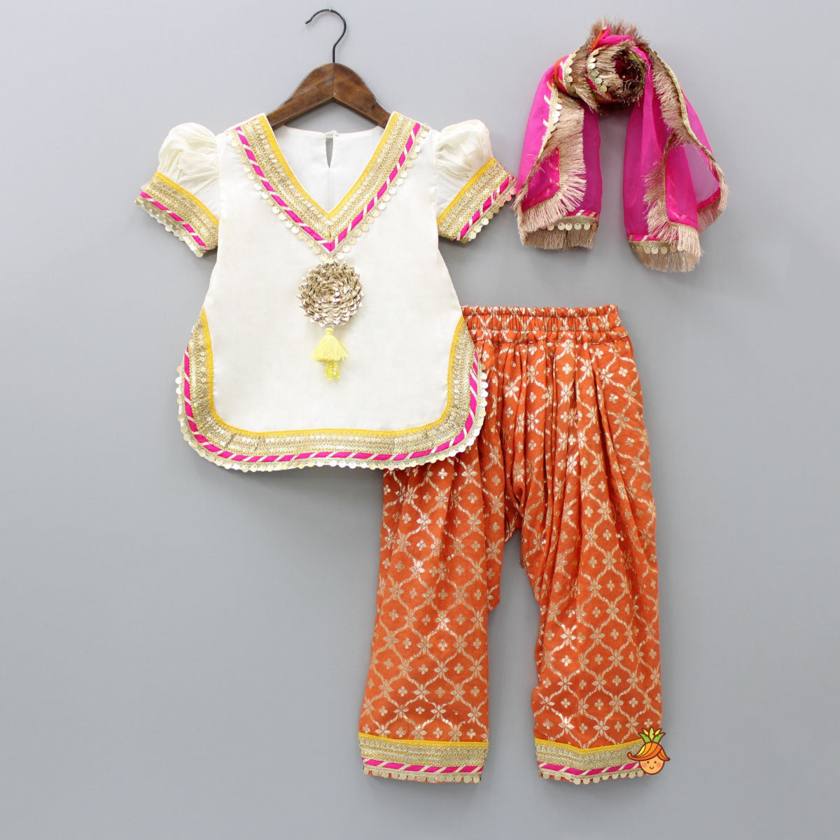 Gota Work Off White Top And Chanderi Embroidered Orange Patiala With Fringes Detailed Dupatta