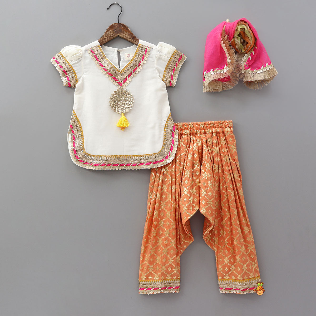 Gota Work Off White Top And Chanderi Embroidered Orange Patiala With Fringes Detailed Dupatta