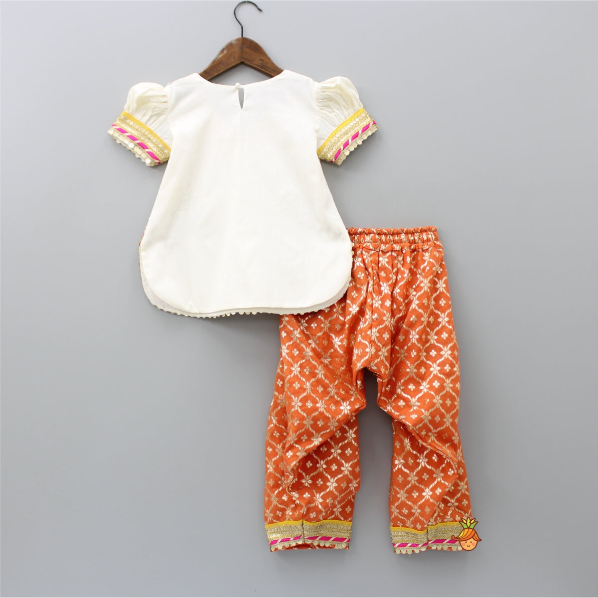 Gota Work Off White Top And Chanderi Embroidered Orange Patiala With Fringes Detailed Dupatta
